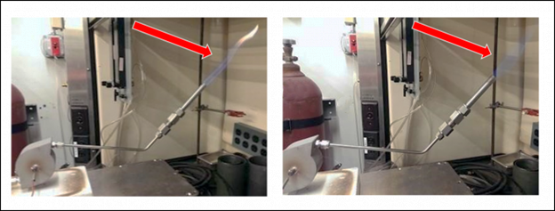Figure 2.  Tests with a rich propane-air mixture.  Left: Without reforming reaction in the center, the downstream flare is yellow due to the soot formation of non-premixed combustion of propane.  Right: With reforming reaction in the center, the downstream flare is blue due to the absence of soot formation in an H2 and CO flame.