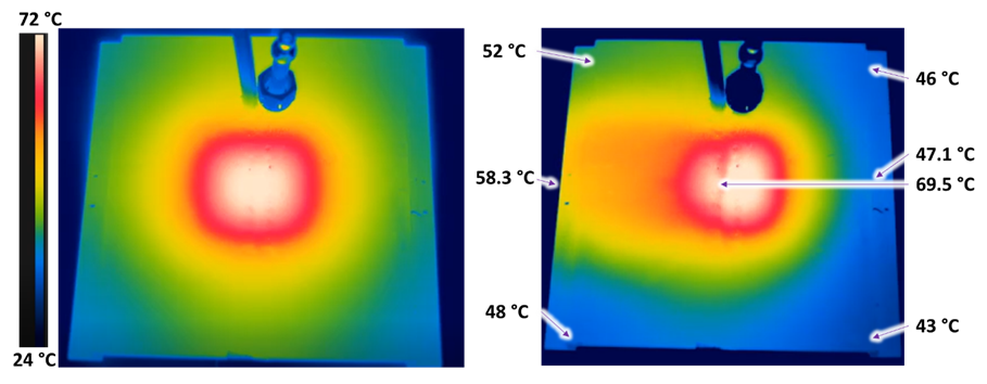 Figure 8. Left - Test piece temperature before Pulsating Heat Pipe (PHP) start-up; Right - Test piece temperatures when Pulsating Heat Pipe (PHP) is operating
