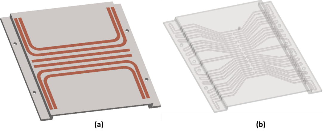 Figure 3. Schematic of (a) HiK™ plate and (b) PHP for electronics cooling