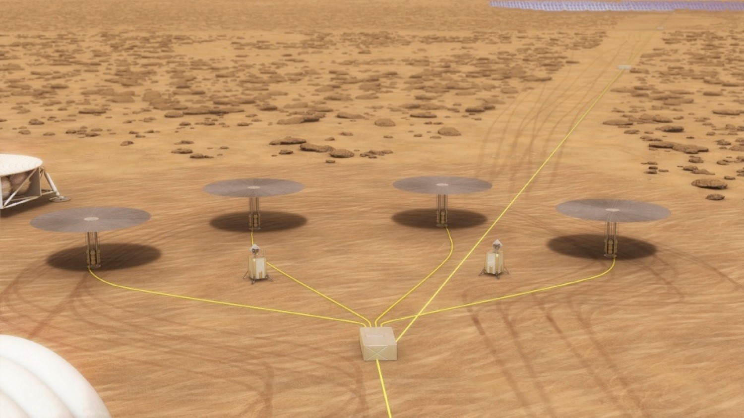 Artist's illustration of the umbrella-like heat radiators of four Kilopower nuclear reactors casting shadows on the Martian surface. (Image credit: NASA)