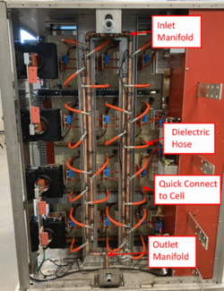 Figure-1 - Back view of circuit breaker cabinet showing the coolant manifolds with the orange dielectric hoses for each cell