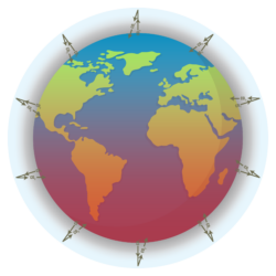 Greenhouse gas emissions illustration, showing a heating up globe and trapped CO2 emissions.