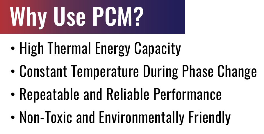 Why Use PCM? High thermal energy capacity. Constant temperature during phase change. Repeatable and Reliable performance. Non-Toxic and Environmentally friendly.