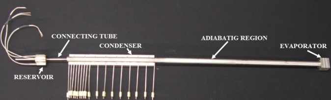 Figure 3. Top: Alkali Metal Diode Heat Pipe for Venus Lander Thermal Control. Bottom: Thermocouple Locations for the Diode Heat Pipe.