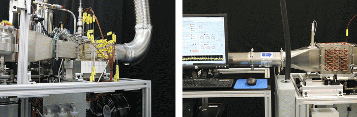Figure 9. Instrumented Hot Surface Ignition Test Section and Exhaust (left) and Control and Data Acquisition Computer with Inlet Air Flow Conditioning Section (right)