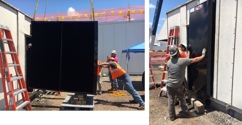 Retrofit HVAC units being installed in rooftop units.