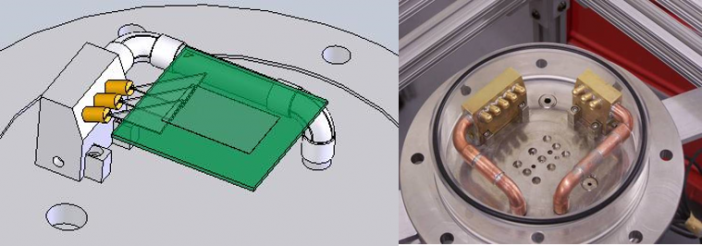 Figure 4. (Left) Solids model of nozzle array illustrating how the flat angled spray impacts the edge of the silicon die surface. (Right) Experimental impingement cooling test apparatus.