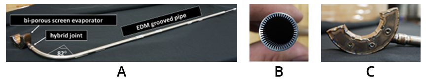 Figure 6 - A) Titanium water heat pipe with bi-porous screen evaporator and hybrid wick for the rest of the pipe. B) Grooved wick manufactured by electrical discharge machining (EDM). C) Evaporator section of the heat pipe that has a semi-circular shape to be mounted on the cold end of the Stirling converter.