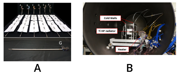 Figure 8 - A) Titanium water heat pipes for Kilopower system cooling (top: six full-length heat pipes with S-bonded radiator; bottom: half-length heat pipe for shock and vibration testing) B) Heat pipe radiator thermal performance test setup.